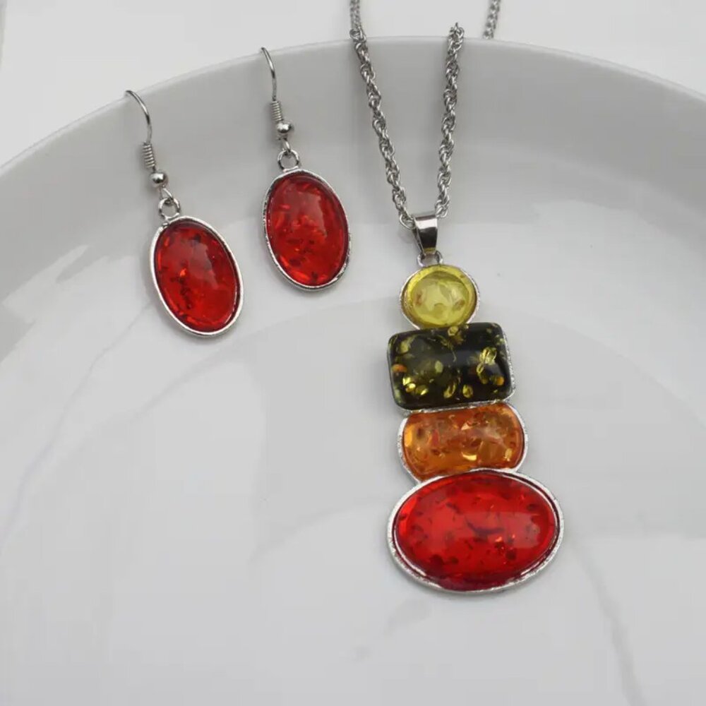 NEW Multicolor amber resin silvertone necklace and earring set